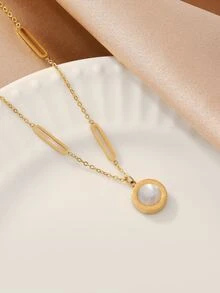 1件 时尚简约不锈钢罗马数字黑白贝壳男女通用休闲街头嘻哈百搭项链 - 金黃色 - 查看 2