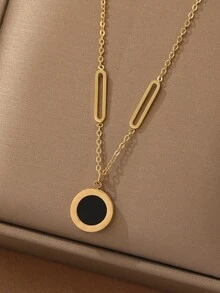 1件 时尚简约不锈钢罗马数字黑白贝壳男女通用休闲街头嘻哈百搭项链 - 金黃色 - 查看 1