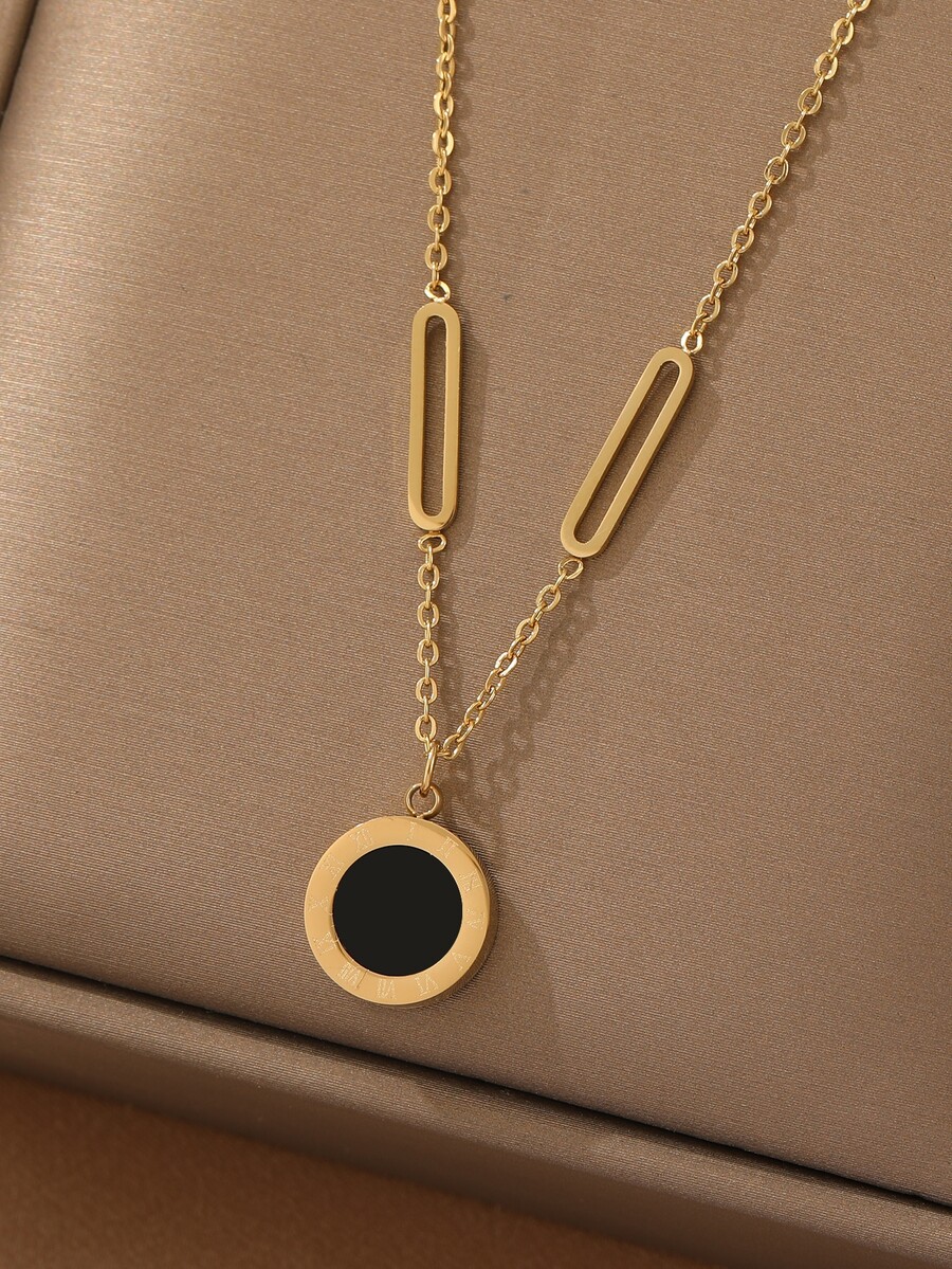 1件 时尚简约不锈钢罗马数字黑白贝壳男女通用休闲街头嘻哈百搭项链 - 金黃色 - 查看 1