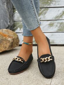 Zapatos mocasines planos para mujer con detalle de cadena, color sólido, zapatos de conducción sin cordones para Primavera/otoño - Negro - Ver 6