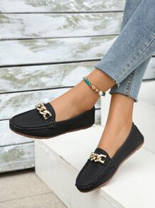 Zapatos mocasines planos para mujer con detalle de cadena, color sólido, zapatos de conducción sin cordones para Primavera/otoño - Negro - Ver 1