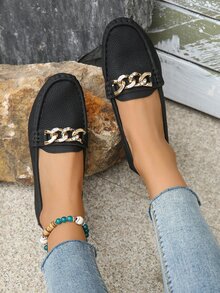Zapatos mocasines planos para mujer con detalle de cadena, color sólido, zapatos de conducción sin cordones para Primavera/otoño - Negro - Ver 4