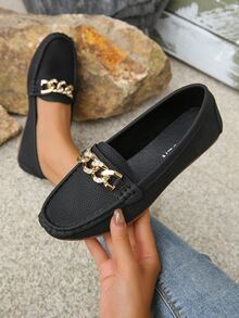Zapatos mocasines planos para mujer con detalle de cadena, color sólido, zapatos de conducción sin cordones para Primavera/otoño - Negro - Ver 5