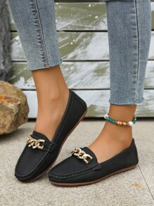Zapatos mocasines planos para mujer con detalle de cadena, color sólido, zapatos de conducción sin cordones para Primavera/otoño - Negro - Ver 2