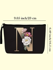 首字母金色個人化名字列印便攜式化妝包旅行帶拉鍊掛繩存儲洗漱包旅行輕便化妝收納袋收納袋洗漱包化妝包化妝收納袋旅行浴室大學宿舍女士女孩禮物口紅袋 - 黑色 - 查看 2