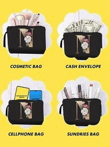 首字母金色個人化名字列印便攜式化妝包旅行帶拉鍊掛繩存儲洗漱包旅行輕便化妝收納袋收納袋洗漱包化妝包化妝收納袋旅行浴室大學宿舍女士女孩禮物口紅袋 - 黑色 - 查看 4