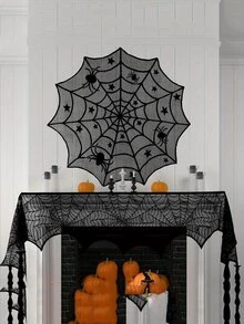 1pc Black Lace Spider Web Tablecloth - Black - View 3