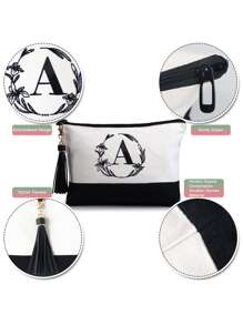 Personalized Gift for Women Teacher Mother Friends Initial Monogram Tote Bag with Makeup Bags Birthday Gift Bag with Leather Handles & Inner Zipper Pocket Letter T - White - View 8