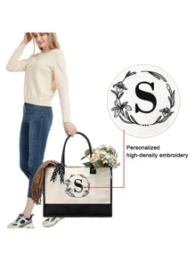 Personalized Gift for Women Teacher Mother Friends Initial Monogram Tote Bag with Makeup Bags Birthday Gift Bag with Leather Handles & Inner Zipper Pocket Letter T - White - View 4