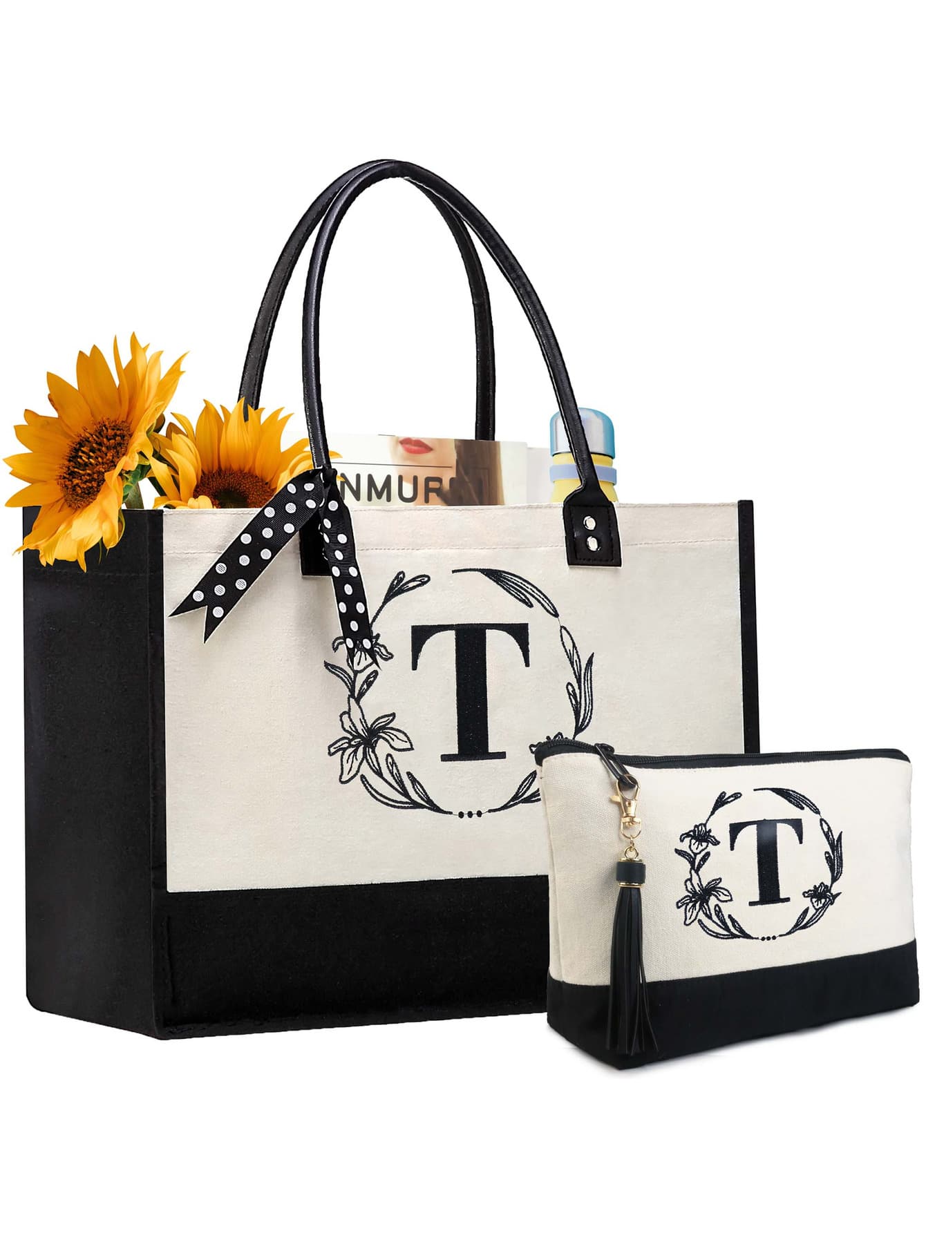 Personalized Gift for Women Teacher Mother Friends Initial Monogram Tote Bag with Makeup Bags Birthday Gift Bag with Leather Handles & Inner Zipper Pocket Letter T - White - View 1