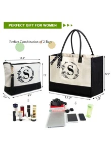 Personalized Gift for Women Teacher Mother Friends Initial Monogram Tote Bag with Makeup Bags Birthday Gift Bag with Leather Handles & Inner Zipper Pocket Letter T - White - View 2