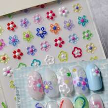 1个5D卡通彩色果冻豆美甲贴纸，可爱趣味浮雕线条花朵星星美甲贴花，自粘果冻豆滑垫美甲用品 - 彩色 - 查看 1