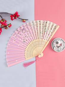 折扇中国风女式汉服旗袍舞蹈家庭学生夏季便携式迷你扇子（随机1件）最佳礼物 - 彩色 - 查看 2