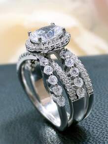 1入組優雅女性結婚戒指鑲嵌橢圓形方晶鋯石圓環訂婚儀式首飾類 - 銀色 - 查看 2