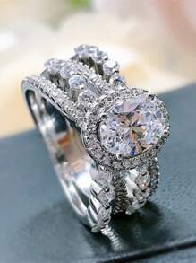 1入組優雅女性結婚戒指鑲嵌橢圓形方晶鋯石圓環訂婚儀式首飾類 - 銀色 - 查看 3