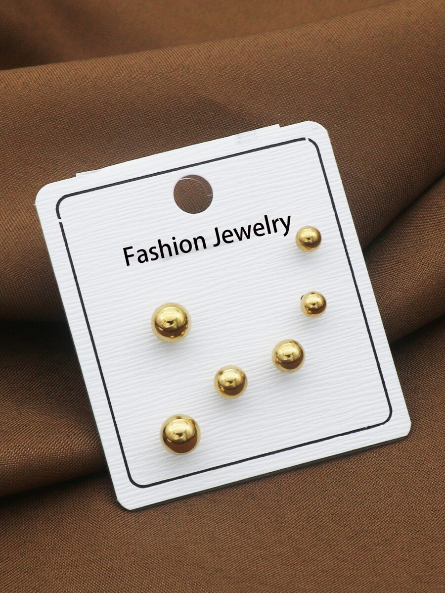 6入組不銹鋼耳針耳釘耳環,男女珠寶金色球形時尚珠寶批發 - 金色 - 查看 1