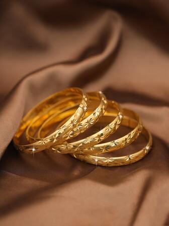 1/3/6 件 24K 镀金手工雕刻星形图案手镯，优雅设计，适合女性，日常佩戴和送礼，无包装盒