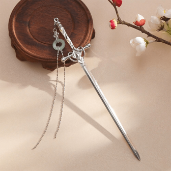 1 pieza Pasador de pelo con forma de espada plateada con colgante de jade para damas, accesorio de cabello simple y elegante para uso casual, accesorios de diablo, recogedor de moño, pieza de cabello, pasadores para peinados, artículos escolares, accesorios para el cabello