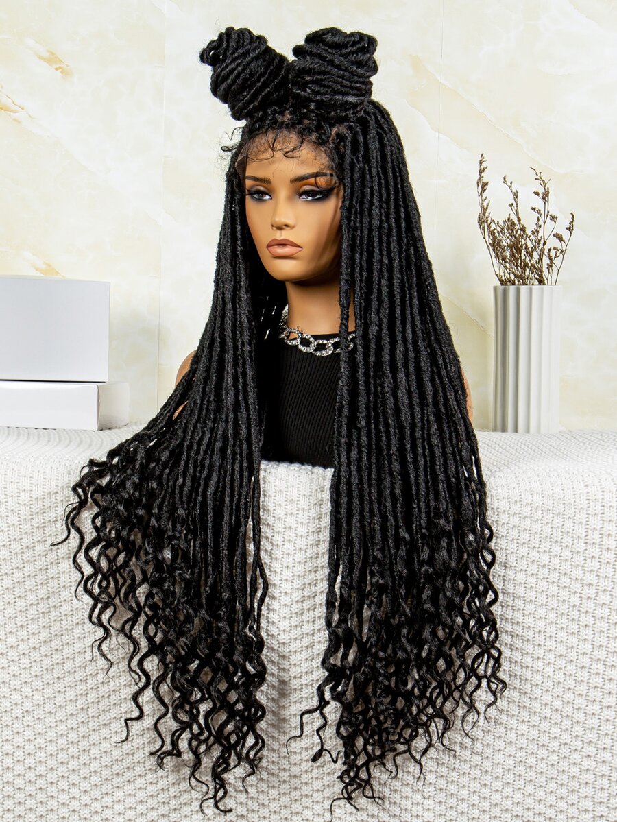 Full Lace Black Headband With Floral Details, Long Synthetic Braid In Straight And Wavy Design - Black - View 1