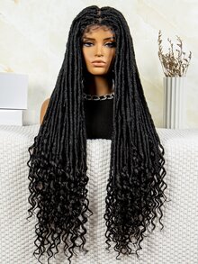 Full Lace Black Headband With Floral Details, Long Synthetic Braid In Straight And Wavy Design - Black - View 2