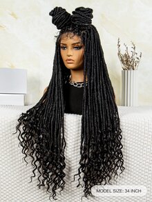 Full Lace Black Headband With Floral Details, Long Synthetic Braid In Straight And Wavy Design - Black - View 3