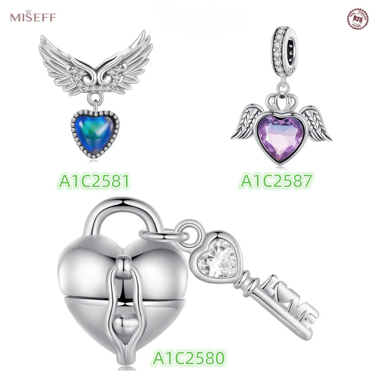 MISEFF 2023新款1入組925純銀心形翅膀珠子,心鎖珠子吊墜女性精細的首飾類珠子適用於手環項鍊DIY製作 - 銀色 - 查看 1