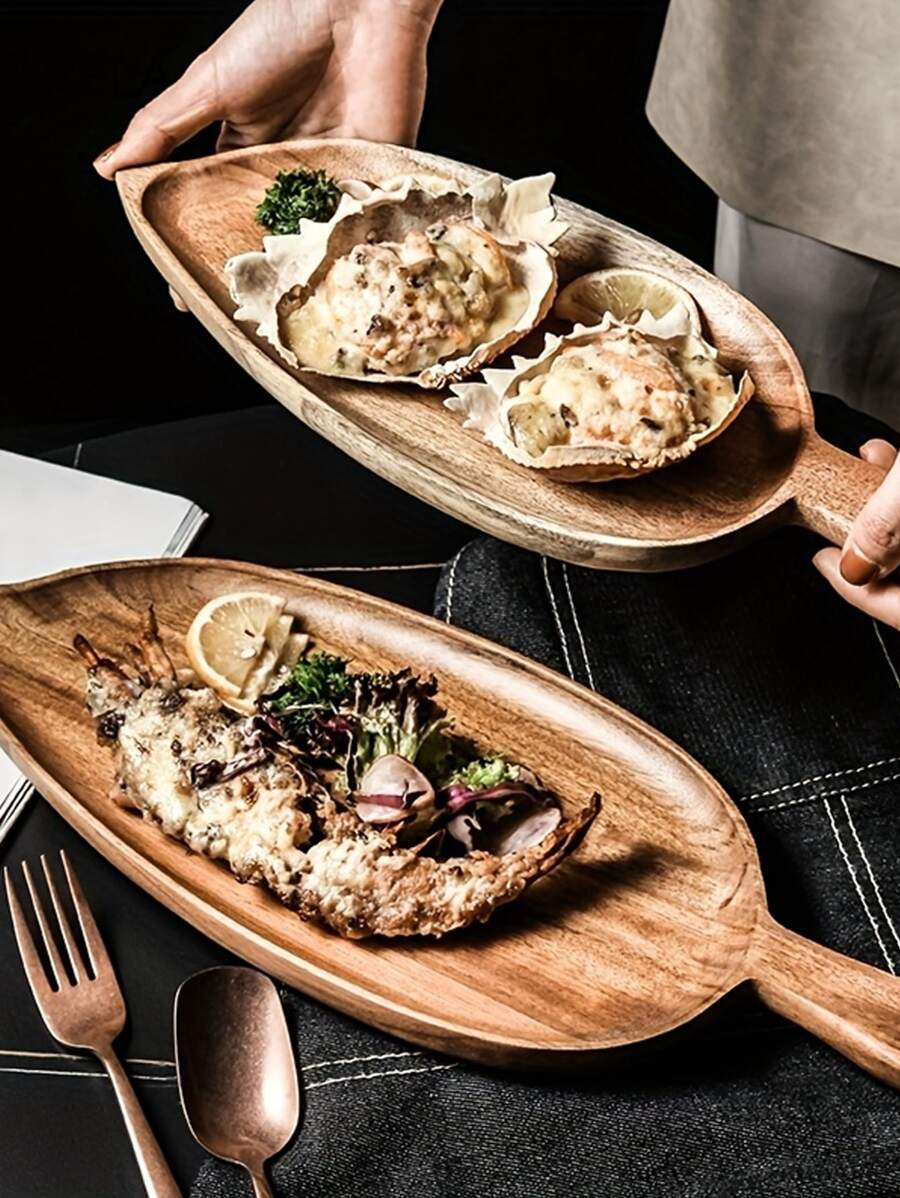 1pc Wooden Tray For Restaurants, Western-style Cuisine, Japanese-style Creative Breakfast Tray, Sushi Tray, Dessert Plate - Brown - View 1