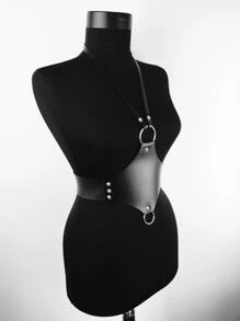 1pc Black Leather Chain Belt With O-Ring For Women, Unconventional Design Belly Chain - Black - View 4
