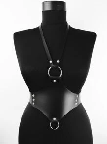 1pc Black Leather Chain Belt With O-Ring For Women, Unconventional Design Belly Chain - Black - View 1