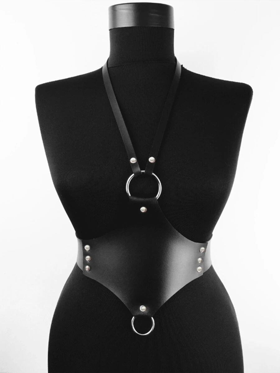 1pc Black Leather Chain Belt With O-Ring For Women, Unconventional Design Belly Chain - Black - View 1