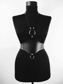 1pc Black Leather Chain Belt With O-Ring For Women, Unconventional Design Belly Chain - Black - View 2