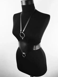 1pc Black Leather Chain Belt With O-Ring For Women, Unconventional Design Belly Chain - Black - View 3