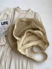 极简主义草编包双手柄度假大容量沙滩包、沙滩钱包，非常适合夏季、度假和日常使用 - 米色 - 查看 8