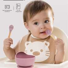 3 piezas de silicona Set cubiertos incluido Infantil Bol , Cucharas con Tenedores , con ventosa Base para Bebé con de niños - Rosa - Ver 10
