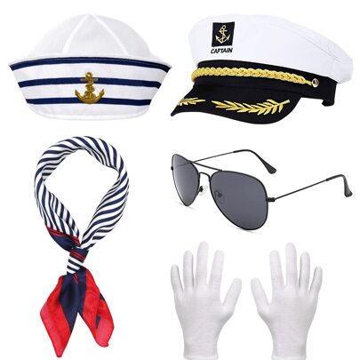 Set Di Accessori Da Costume Con Cappello Da Capitano Di Yacht Composto Da 5 Pezzi, Inclusi Cappello Da Capitano Regolabile, Fazzoletto, Occhiali Da Sole E Guanti Da Cosplay. Abbigliamento Da Cosplay Per Adulti Per Feste A Tema