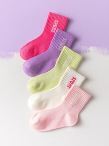 5雙女孩字母圖案休閒中筒襪適合春天和夏天