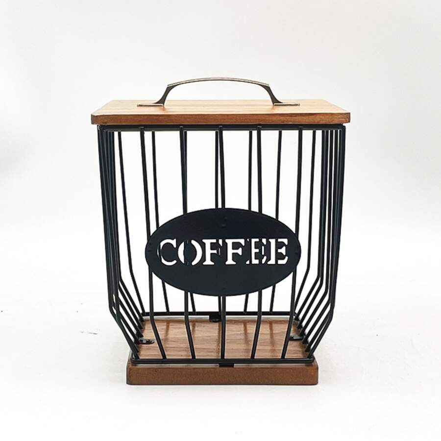 黑色方形膠囊形狀桌子收納籃帶棕色的木板底座 - 黑色 - 查看 1