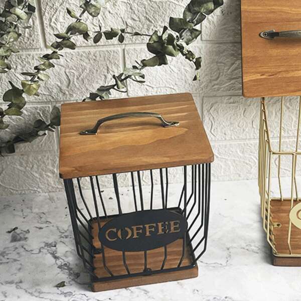 Black Square Capsule Shaped Desk Storage Basket With Brown Wood Board