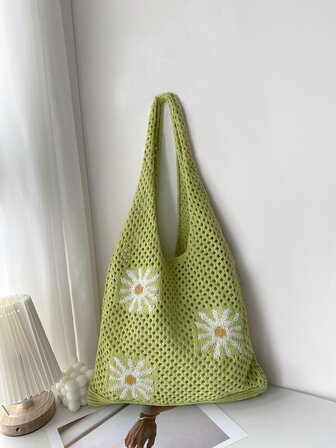 度假风格雏菊图案镂空钩针单肩手提包