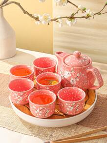 Japanese Style Ceramic Teapot Set With 6 Cups, Suitable For Home Living Room, Snowflake Porcelain Tea Set - Pink - View 1