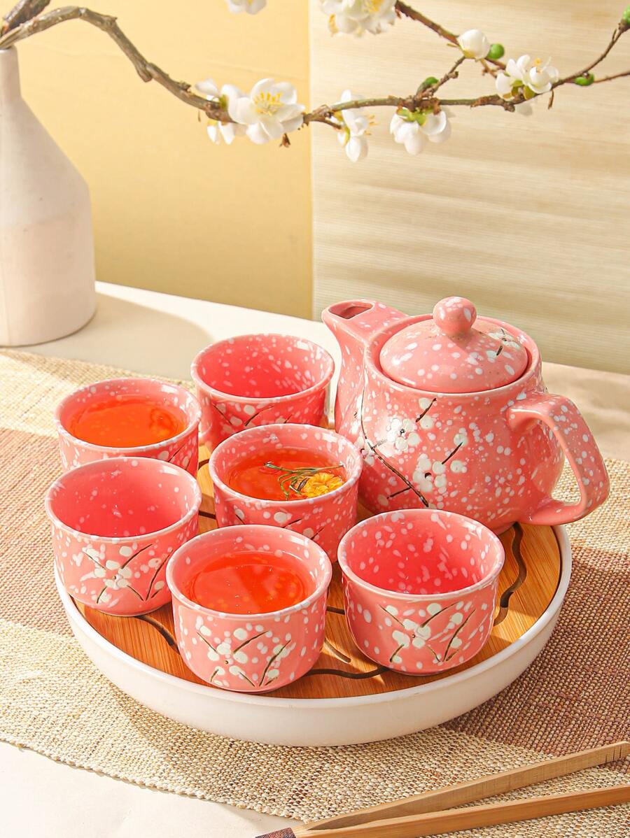 Japanese Style Ceramic Teapot Set With 6 Cups, Suitable For Home Living Room, Snowflake Porcelain Tea Set - Pink - View 1