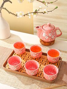 Japanese Style Ceramic Teapot Set With 6 Cups, Suitable For Home Living Room, Snowflake Porcelain Tea Set - Pink - View 5