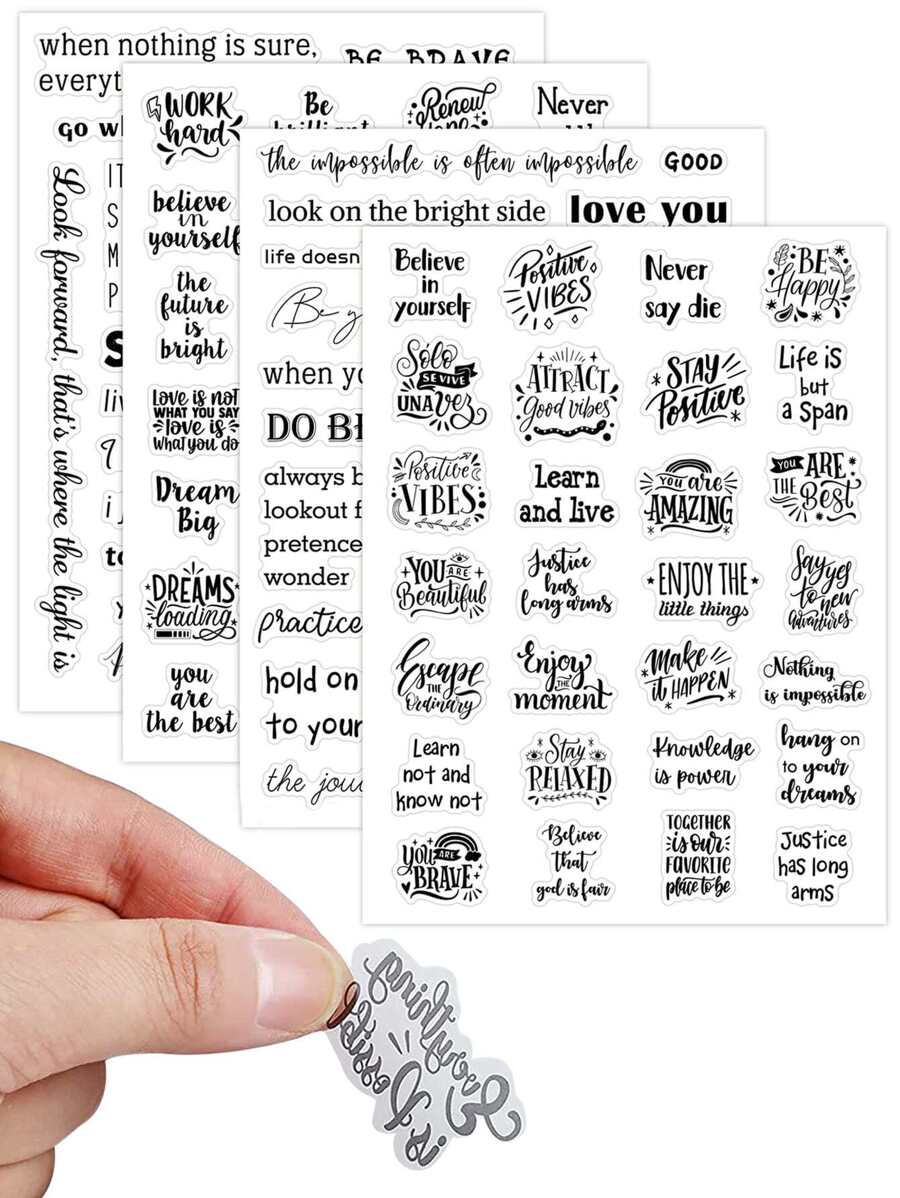4 Sheets Small Inspirational Words and Phrases Sticker for Scrapbooking Decoration Motivational Quote Sticker Small Talk Stickers - Black - View 1