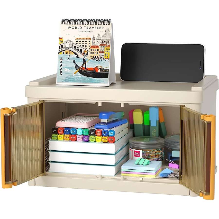 Organizador De Escritorio Organización Y Almacenamiento De La Oficina, Contenedores De Plástico Con Tapa Y Cesta De Almacenamiento Plegable Para Organizar Suministros De Oficina, Maquillaje, Refrigerios Y Medicamentos 1 Pieza - Blanco - Ver 1