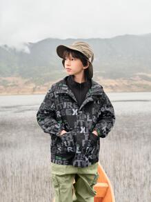 Balabala Thiếu niên con trai Tương phản Lá thư In Toàn bộ Đồ họa Không thấm nước Dây kéo Nhiệt Chống gió Áo trùm đầu & Có thể tháo rời Lông cừu Vải lót - màu đen - Xem 1