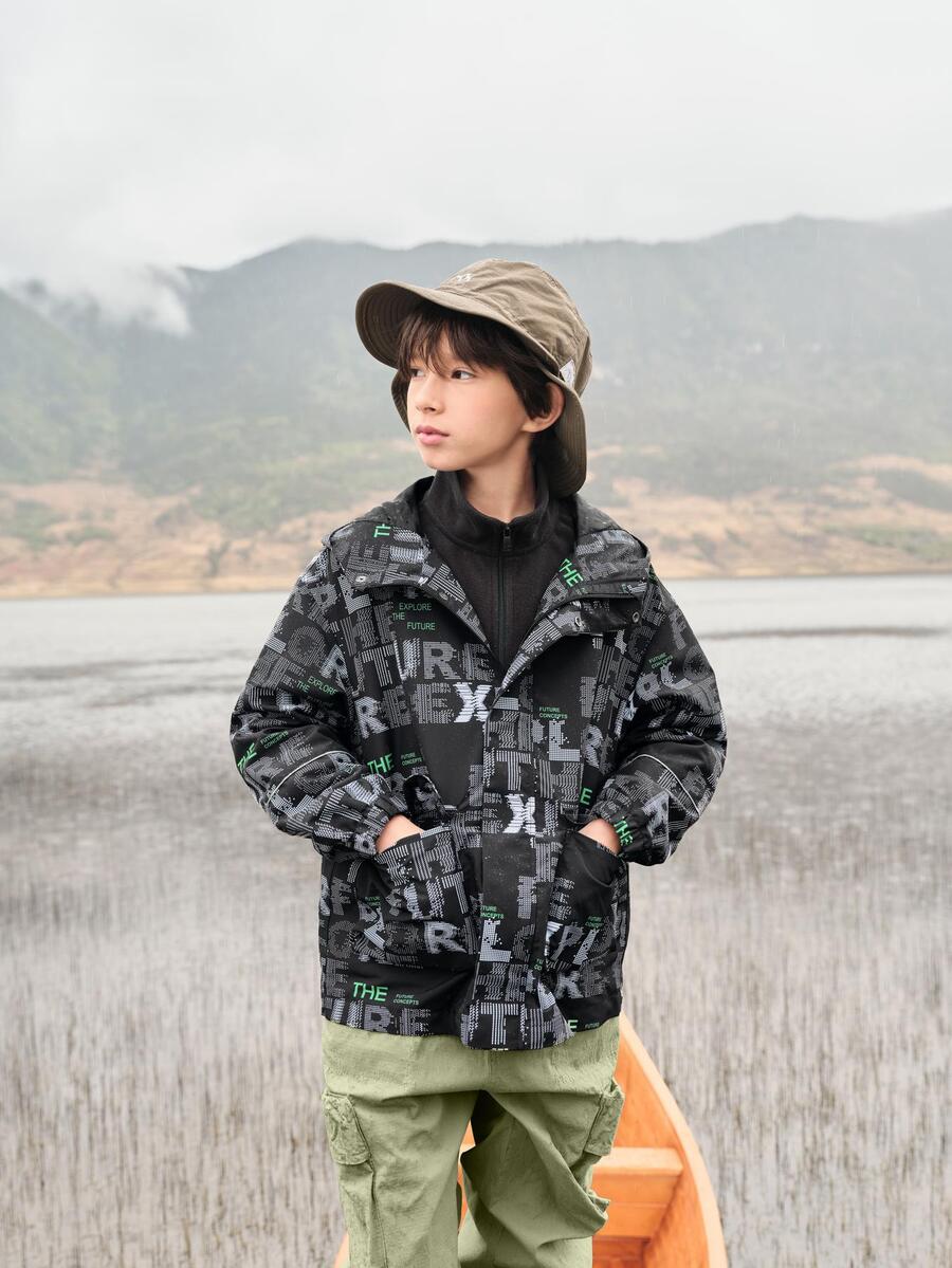 Balabala Thiếu niên con trai Tương phản Lá thư In Toàn bộ Đồ họa Không thấm nước Dây kéo Nhiệt Chống gió Áo trùm đầu & Có thể tháo rời Lông cừu Vải lót - màu đen - Xem 1