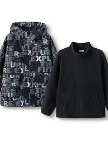 Balabala Thiếu niên con trai Tương phản Lá thư In Toàn bộ Đồ họa Không thấm nước Dây kéo Nhiệt Chống gió Áo trùm đầu & Có thể tháo rời Lông cừu Vải lót - màu đen - Xem 5