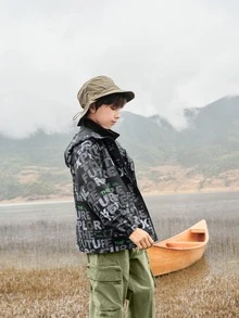 Balabala Thiếu niên con trai Tương phản Lá thư In Toàn bộ Đồ họa Không thấm nước Dây kéo Nhiệt Chống gió Áo trùm đầu & Có thể tháo rời Lông cừu Vải lót - màu đen - Xem 3