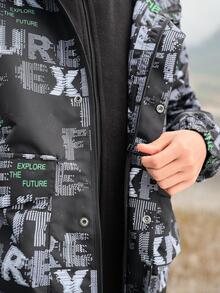 Balabala Thiếu niên con trai Tương phản Lá thư In Toàn bộ Đồ họa Không thấm nước Dây kéo Nhiệt Chống gió Áo trùm đầu & Có thể tháo rời Lông cừu Vải lót - màu đen - Xem 4