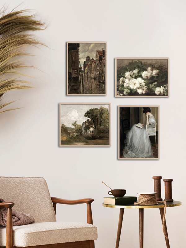 4pcs Vintage Canvas Art Painting Posters With Flowers Print Pictures, French Country Wall Paintings, Small Towns Paintings, Classical Figures Art Prints, Simplicity Canvas Posters, Nordic Posters, Home Decor, Bedroom Decor (no Frame)